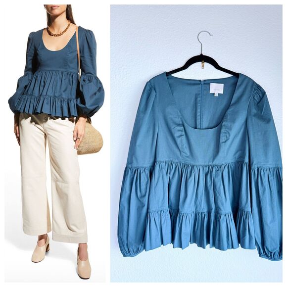Cinq à Sept Rose Cotton Blend Tiered Puff Sleeve Blouse in Slate Blue Size S - Picture 1 of 15